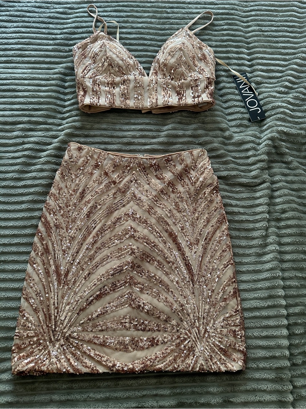 Jovani Rose Gold Sequin Two-Piece Mini Skirt Set
